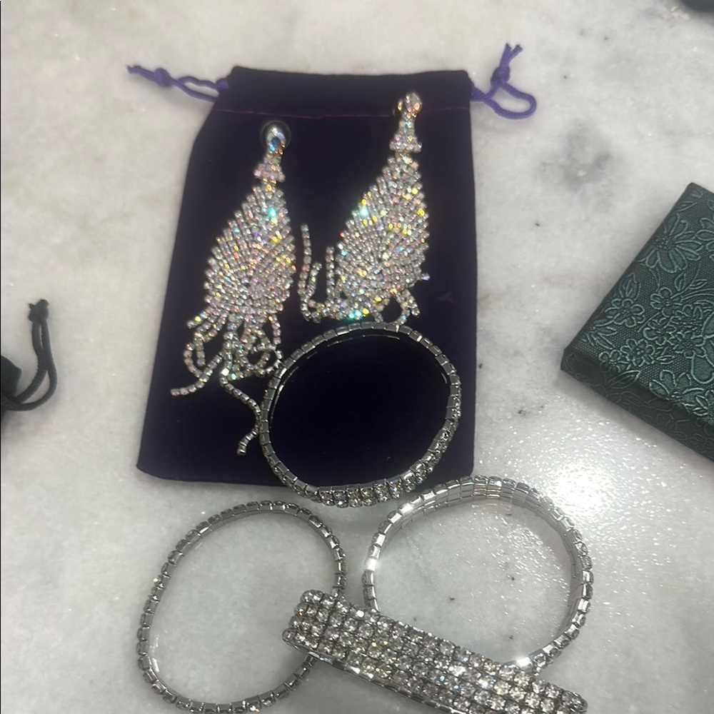 Elegant Silver and Black Crystal Earrings and Bracelets Set